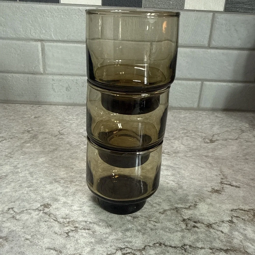 Vintage Libbey Amber Glass Stackable 4 Oz Juice Glasses Tumblers Set Of 3 Petite